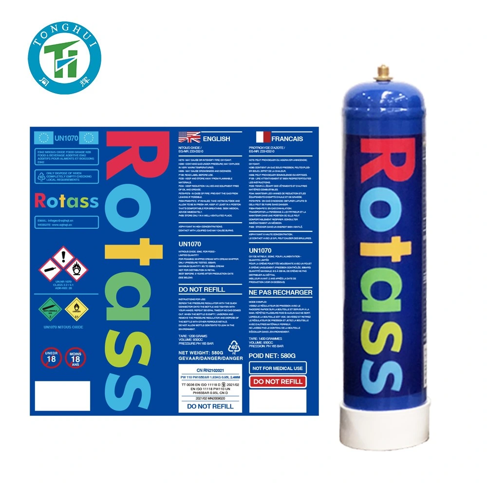 Rotass Vente en gros d'oxyde nitreux 0,95L Bouteille d'oxyde nitreux N2O pour crème fouettée Gaz hilarant Prix bas 580g Chargeur de crème fouettée de qualité alimentaire